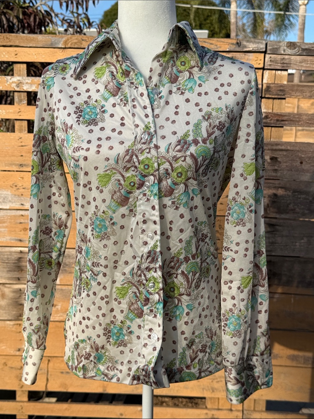 Vintage Floral Print Button-Up Polyester Blouse - Cream with Green Brown & Teal